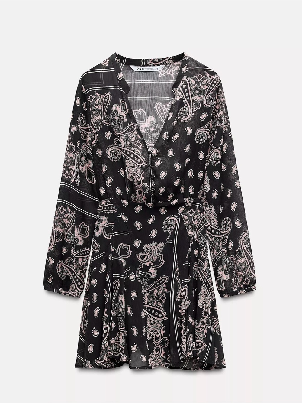 Zara Black and Pink Paisley V-Neck Mini Dress
